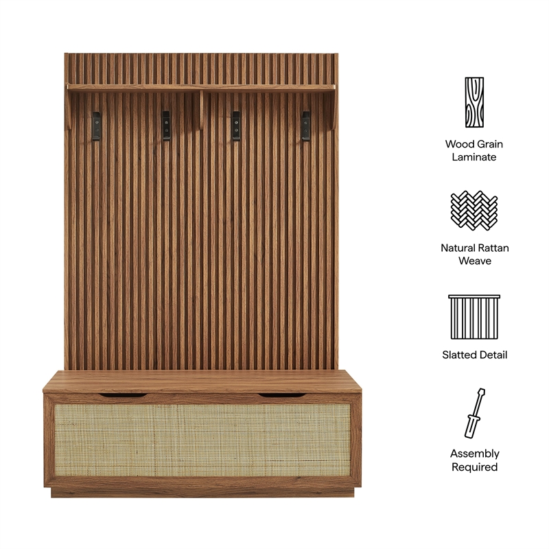 Modway Soma Fluted 3-in-1 Hall Tree With Storage Bench and Coat Rack in Walnut