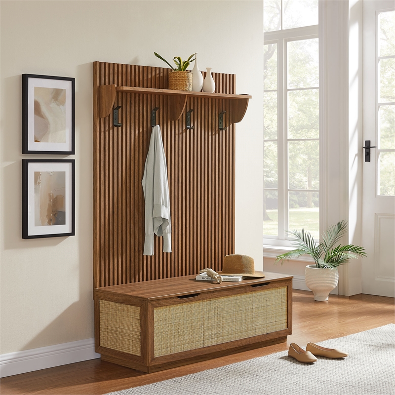 Modway Soma Fluted 3-in-1 Hall Tree With Storage Bench and Coat Rack in Walnut