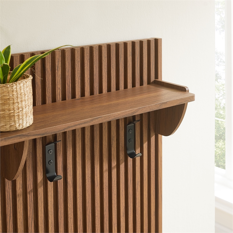 Modway Soma Fluted 3-in-1 Hall Tree With Storage Bench and Coat Rack in Walnut