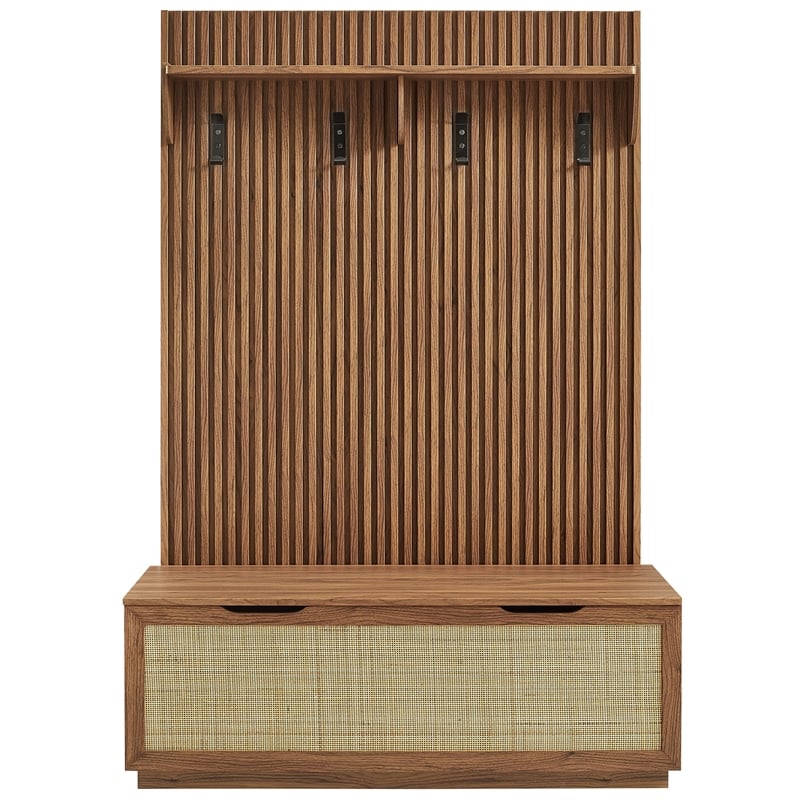 Modway Soma Fluted 3-in-1 Hall Tree With Storage Bench and Coat Rack in Walnut