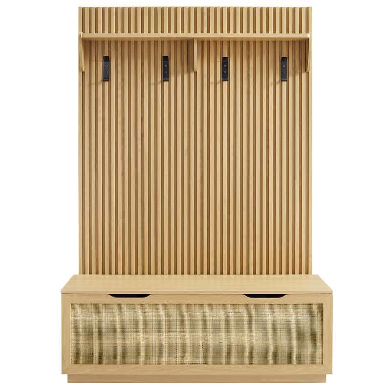 Modway Soma Fluted 3-in-1 Hall Tree with Storage Bench & Coat Rack in Light Oak