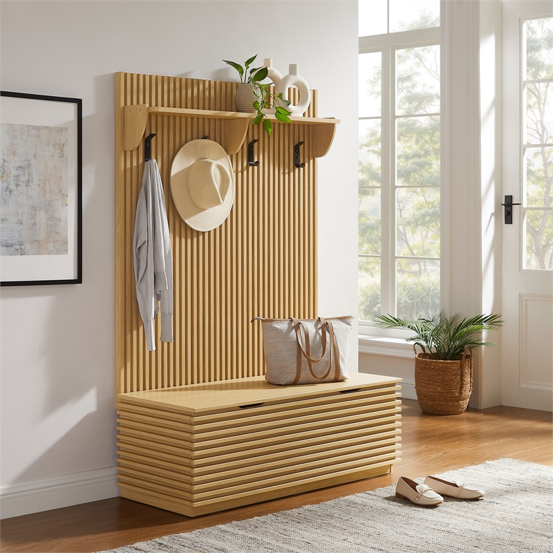 Render Fluted 3-in-1 Hall Tree With Storage Bench and Coat Rack in Oak