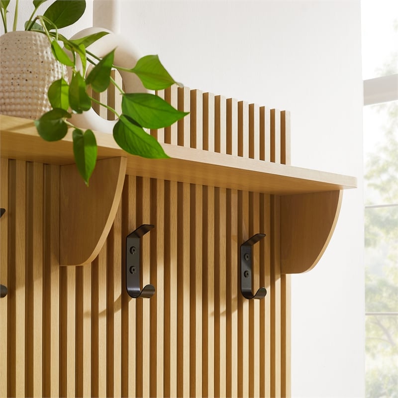 Render Fluted 3-in-1 Hall Tree With Storage Bench and Coat Rack in Oak