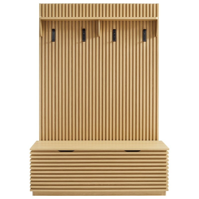 Render Fluted 3-in-1 Hall Tree With Storage Bench and Coat Rack in Oak
