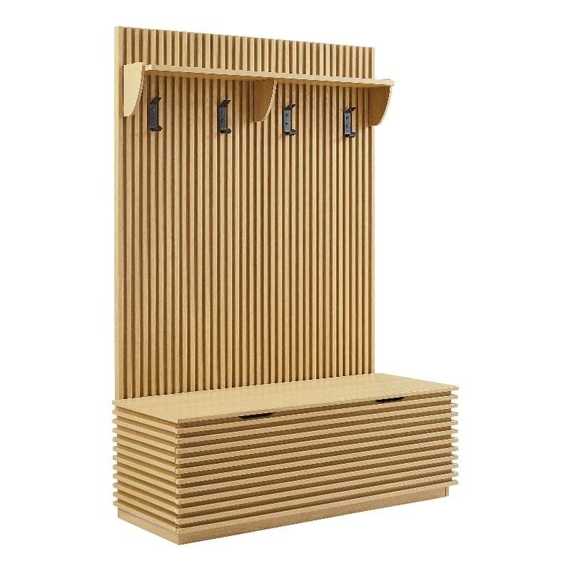 Render Fluted 3-in-1 Hall Tree With Storage Bench and Coat Rack in Oak