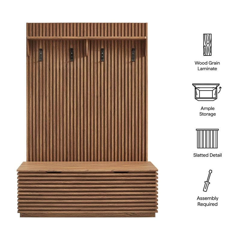 Render Fluted 3-in-1 Hall Tree With Storage Bench and Coat Rack in Walnut