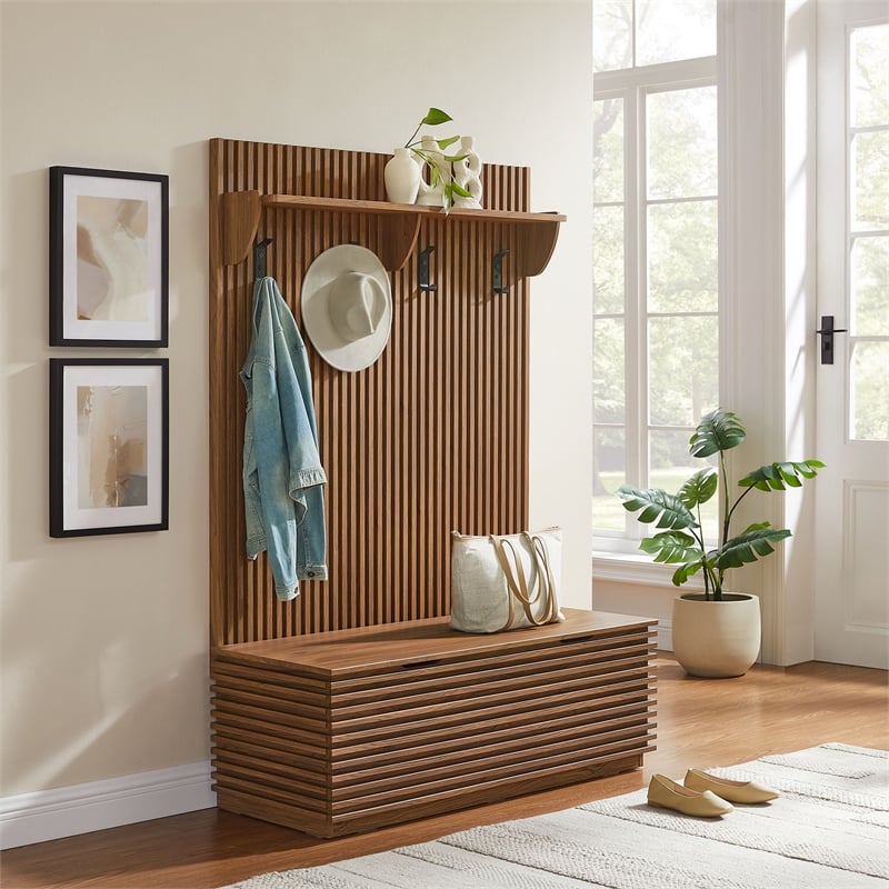 Render Fluted 3-in-1 Hall Tree With Storage Bench and Coat Rack in Walnut