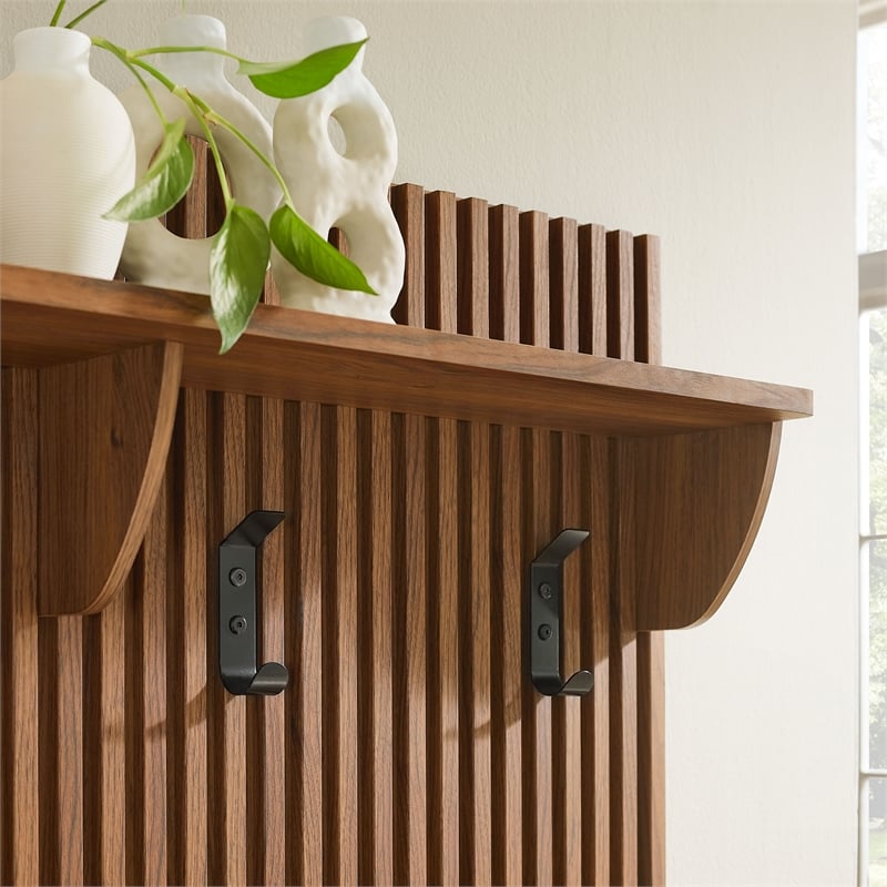 Render Fluted 3-in-1 Hall Tree With Storage Bench and Coat Rack in Walnut