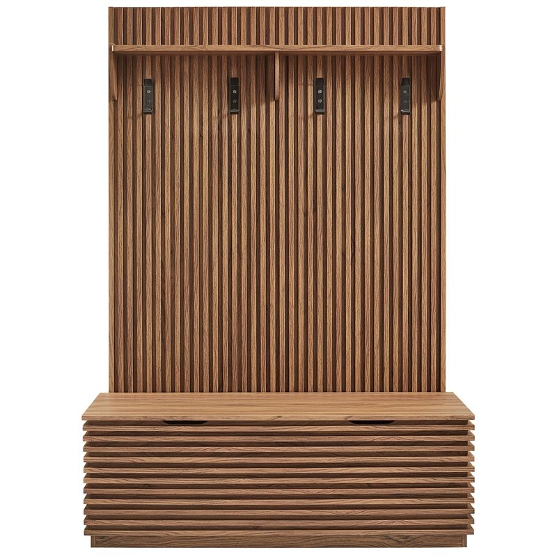 Render Fluted 3-in-1 Hall Tree With Storage Bench and Coat Rack in Walnut