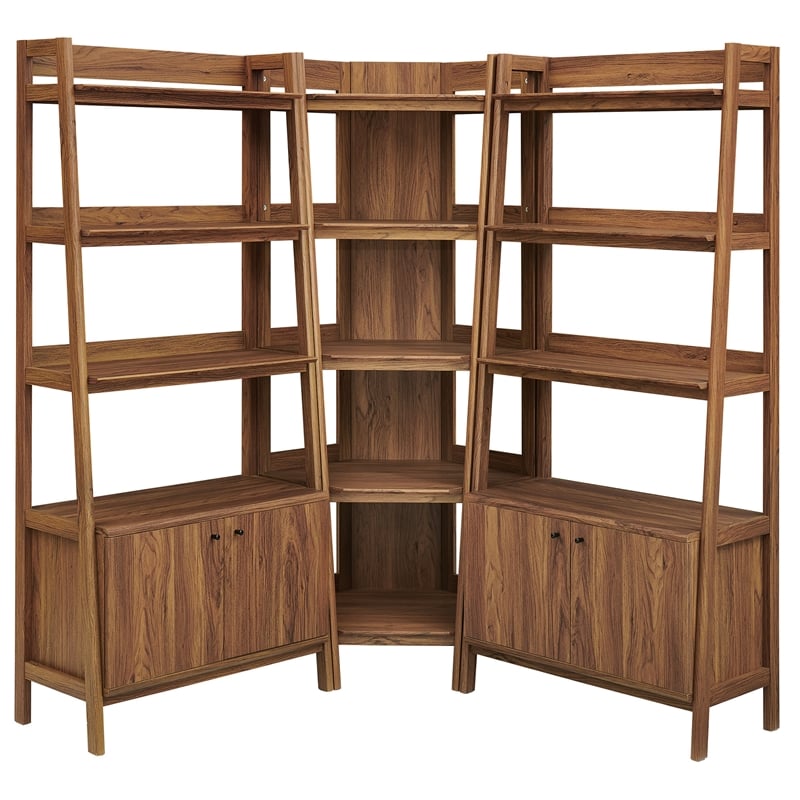 Bixby 3-Piece Corner Bookshelf Set with Wide Bookshelves in Walnut