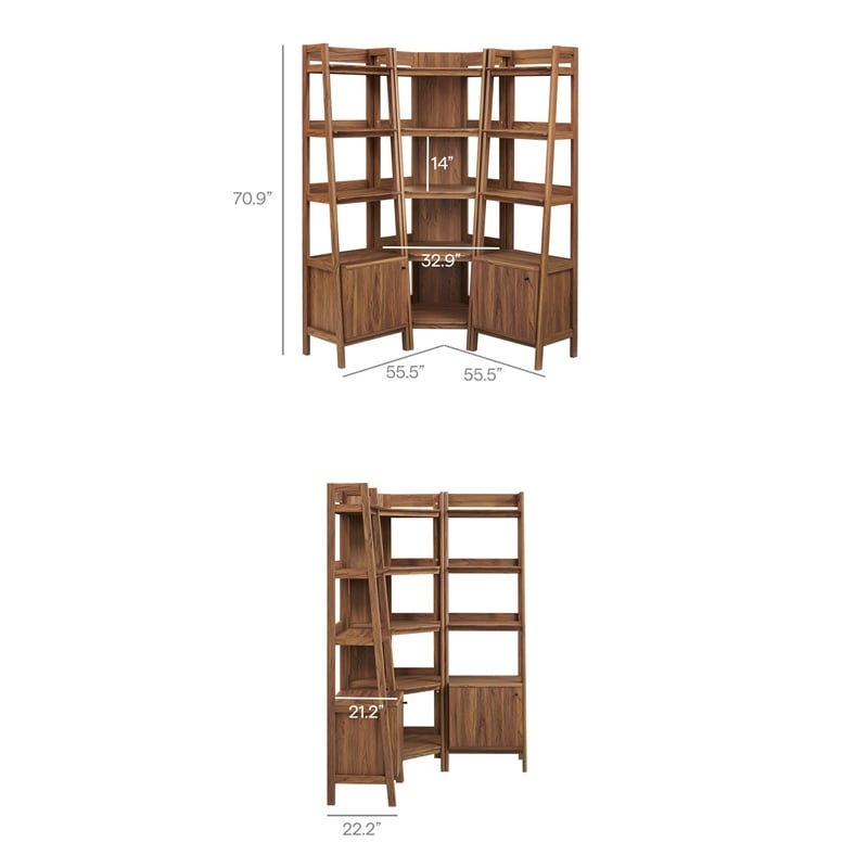 Bixby 3-piece Corner Bookshelf Set with Narrow Bookshelves in Walnut