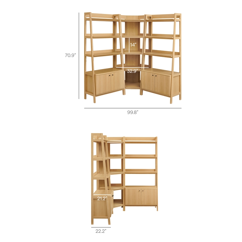Bixby 3-Piece Corner Bookshelf Set with Wide Bookshelves in Oak