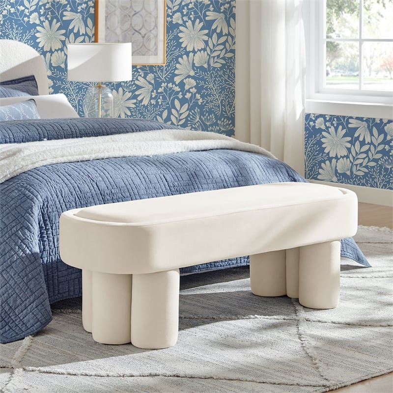 Mossi Oval Performance Velvet Accent Bench in Alabster