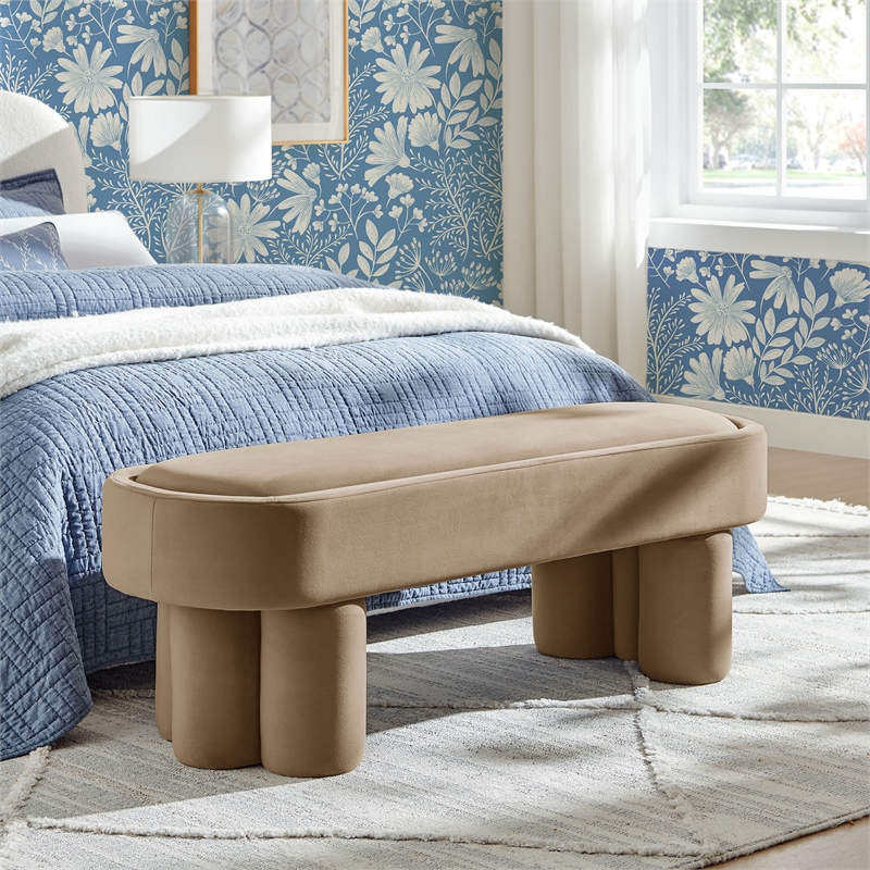 Mossi Oval Performance Velvet Accent Bench in Taupe