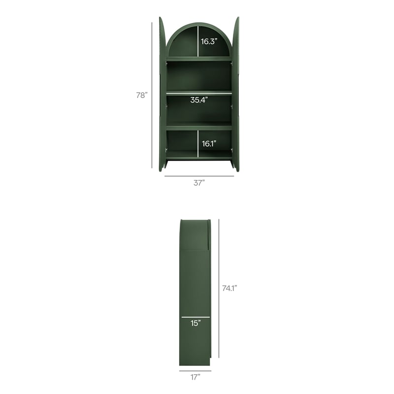 Dahlia 78 Inch Fluted and Scalloped Arched Storage Cabinet in Hunter Green