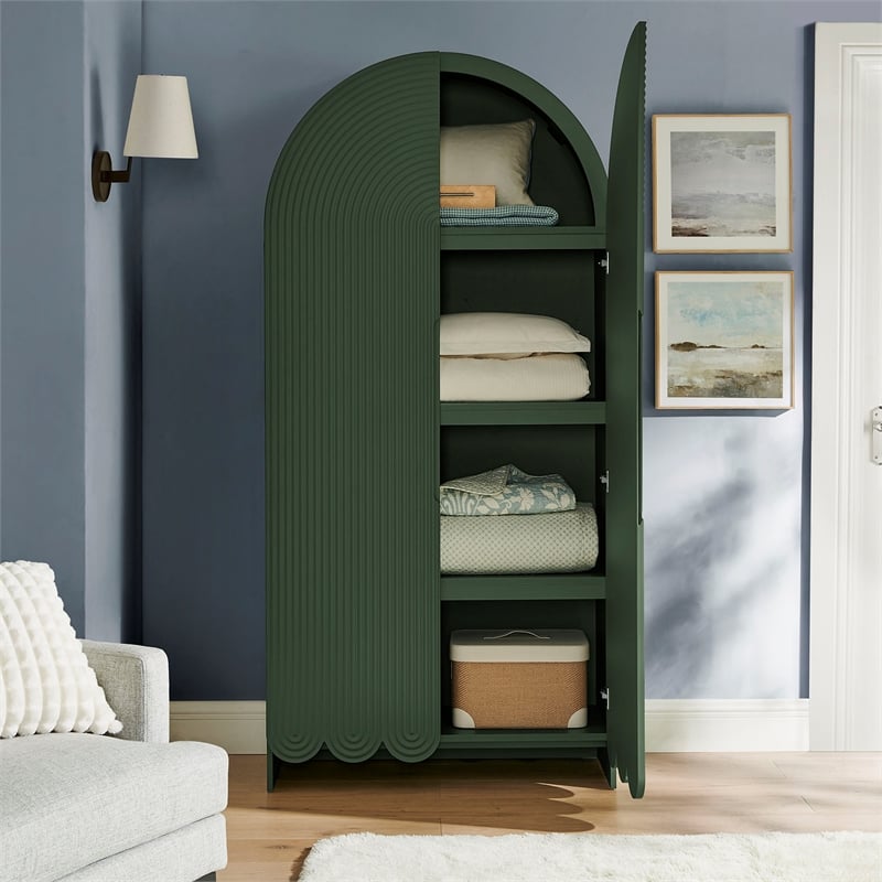 Dahlia 78 Inch Fluted and Scalloped Arched Storage Cabinet in Hunter Green