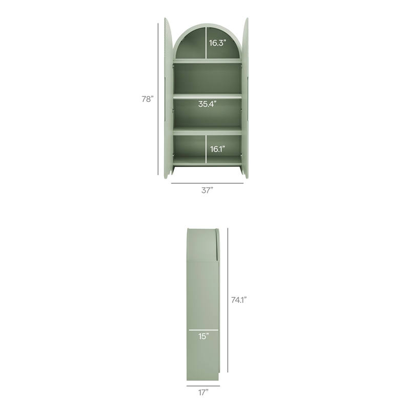 Dahlia 78 Inch Fluted and Scalloped Arched Storage Cabinet in Sage