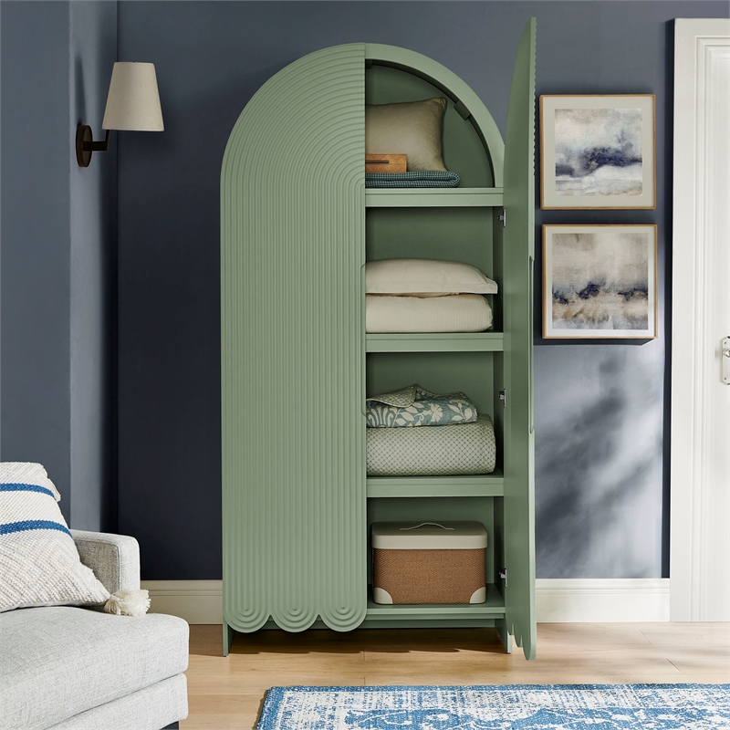 Dahlia 78 Inch Fluted and Scalloped Arched Storage Cabinet in Sage