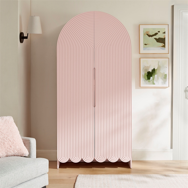 Dahlia 78 Inch Fluted and Scalloped Arched Storage Cabinet in Soft Pink