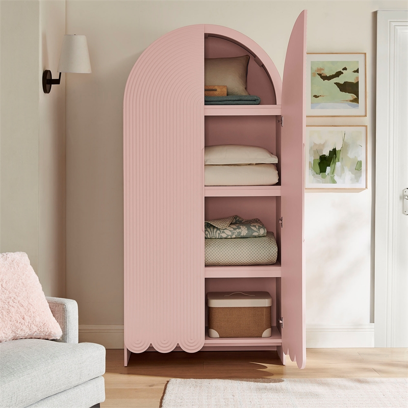 Dahlia 78 Inch Fluted and Scalloped Arched Storage Cabinet in Soft Pink