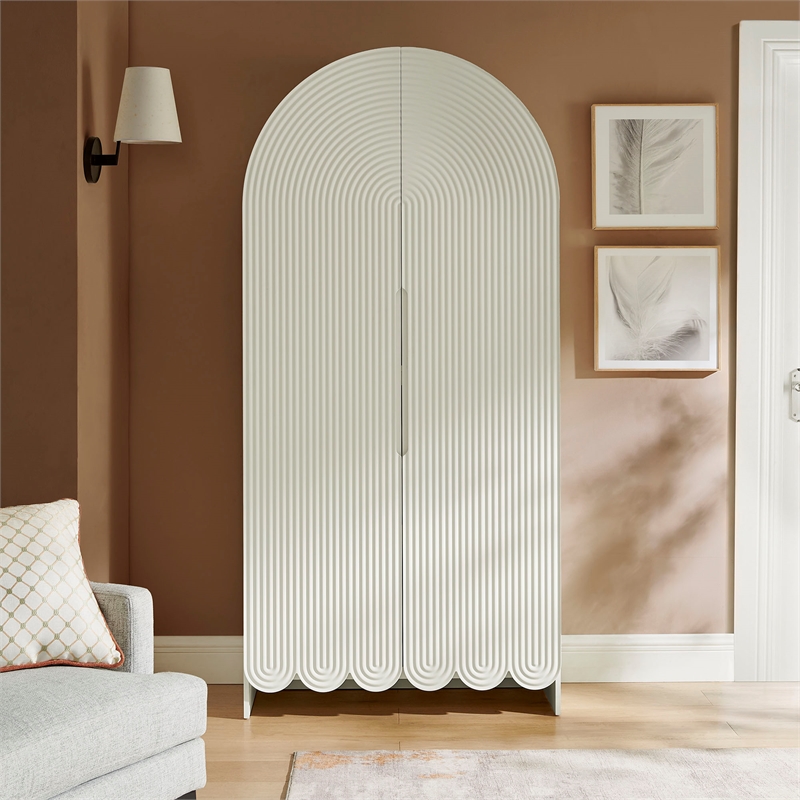 Dahlia 78 Inch Fluted and Scalloped Arched Storage Cabinet in White