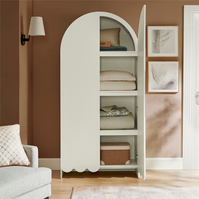 Dahlia 78 Inch Fluted and Scalloped Arched Storage Cabinet in White