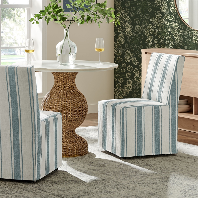 Tessera Striped Slipcovered Dining Side Chair in Blue Stripe