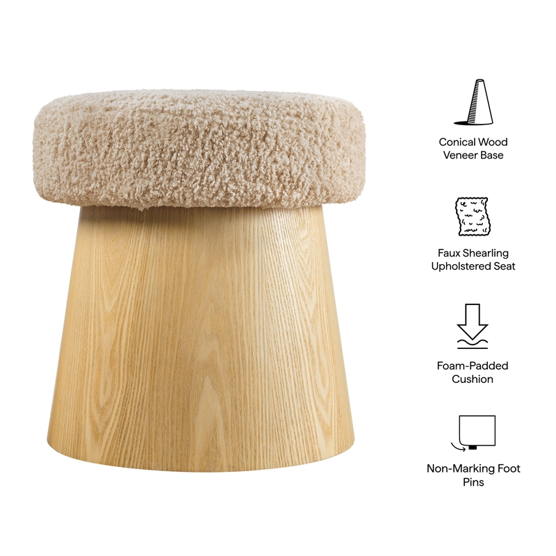 Ketra Round Faux Shearling Ottoman Footstool in Oatmeal Oak