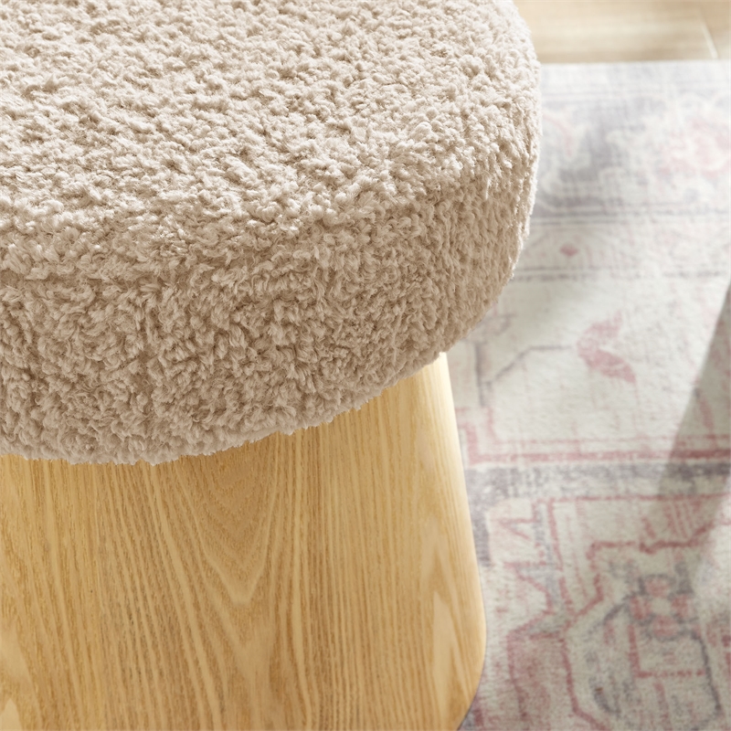 Ketra Round Faux Shearling Ottoman Footstool in Oatmeal Oak