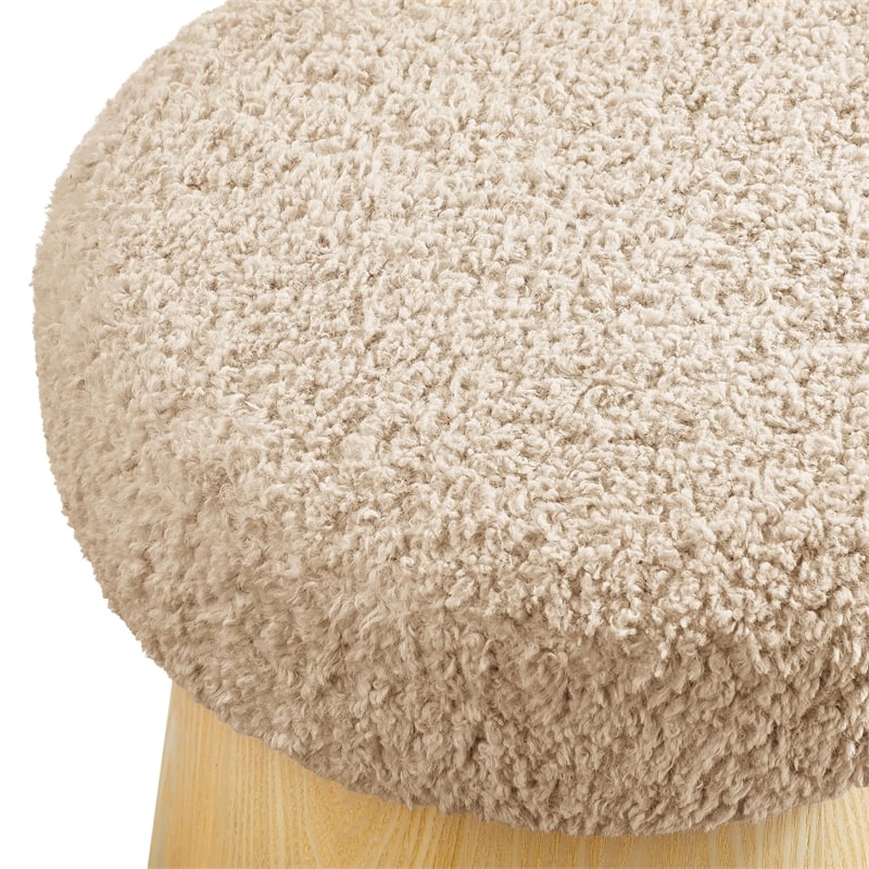 Ketra Round Faux Shearling Ottoman Footstool in Oatmeal Oak