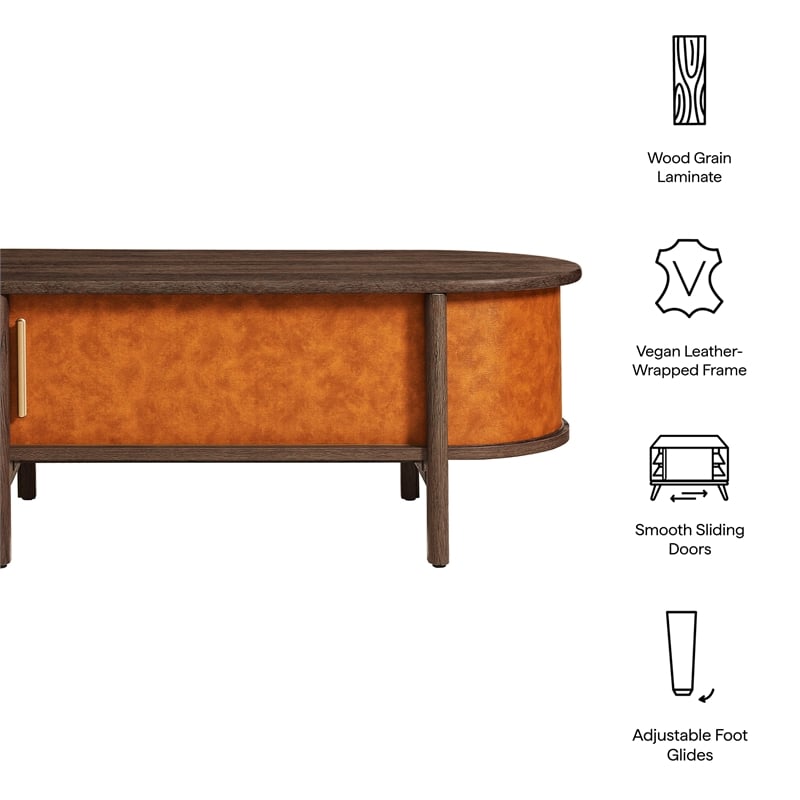Modway Coralie Curved Vegan Leather Oval Coffee Table in Brown