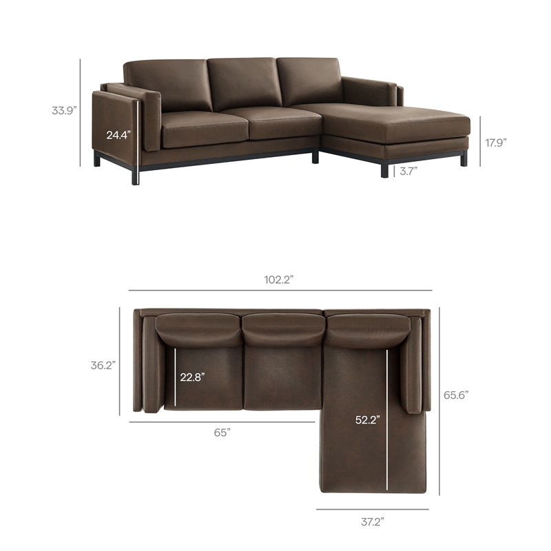 Modway Roscoe Right-Facing Vegan Leather Sectional Sofa with Chaise in Brown
