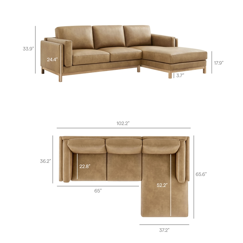 Modway Roscoe Right-Facing Vegan Leather Sectional Sofa with Chaise in Brown