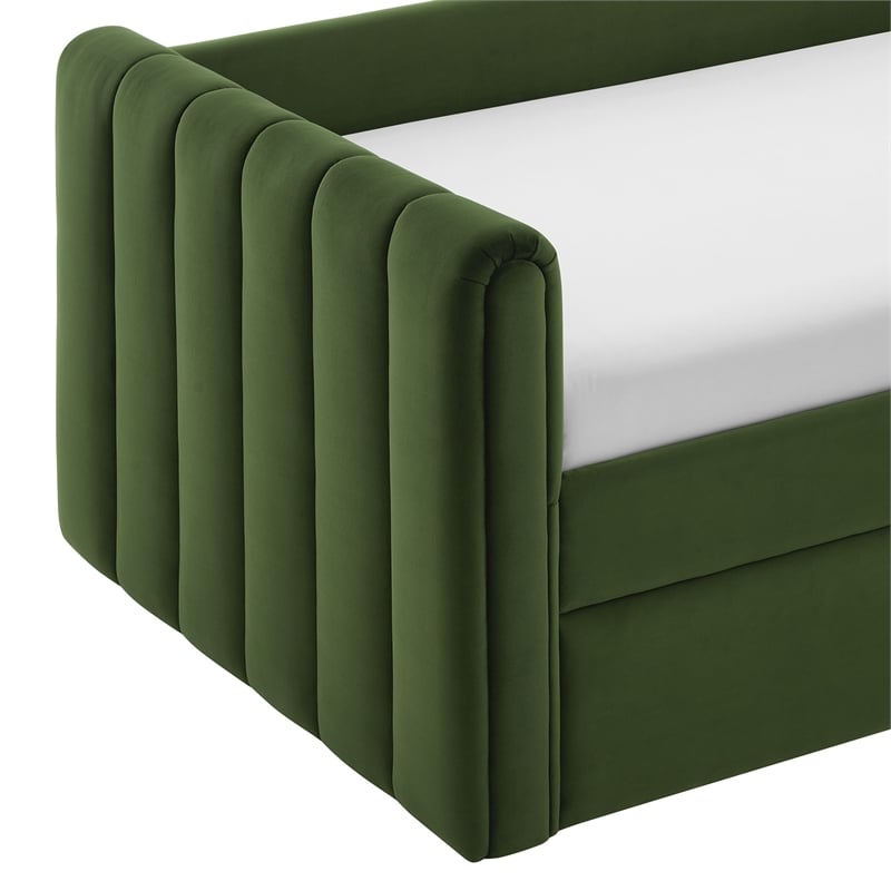 Modway Veyla Channel Tufted Performance Velvet Twin Daybed With Trundle in Green
