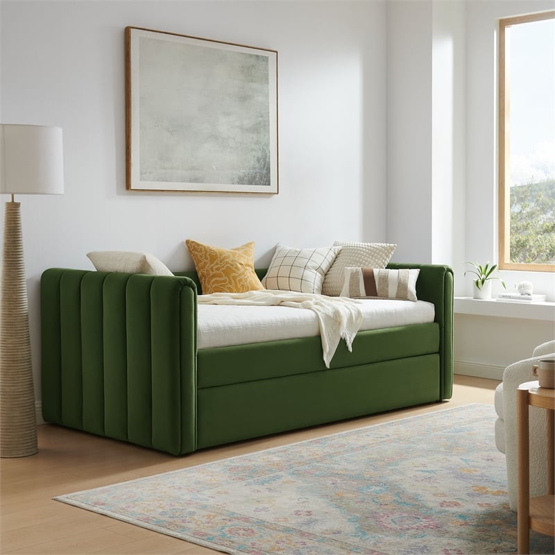 Modway Veyla Channel Tufted Performance Velvet Twin Daybed With Trundle in Green