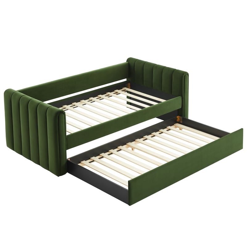 Modway Veyla Channel Tufted Performance Velvet Twin Daybed With Trundle in Green
