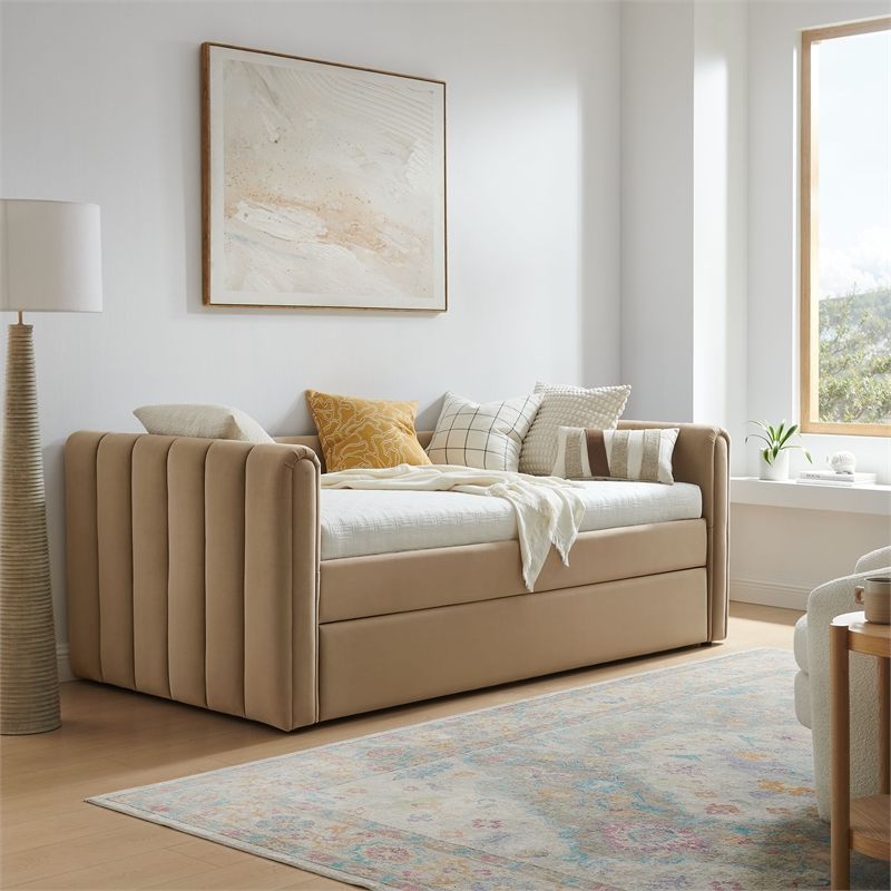 Modway Veyla Channel Tufted Performance Velvet Twin Daybed With Trundle in Brown