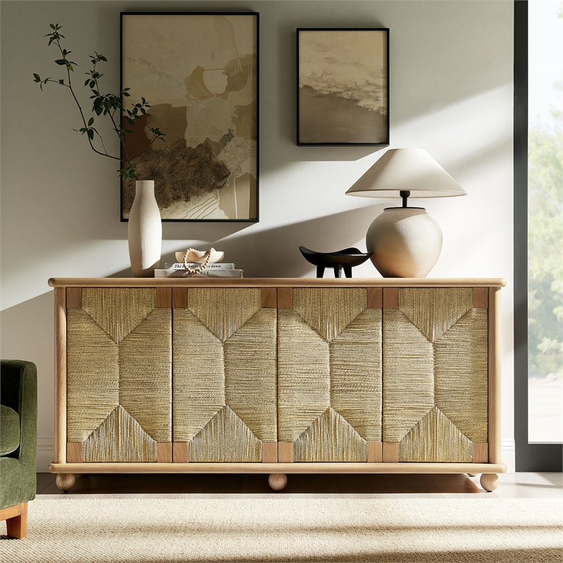 Modway Marola 71 Inch Oak Wood Sideboard With 4 Seagrass Doors