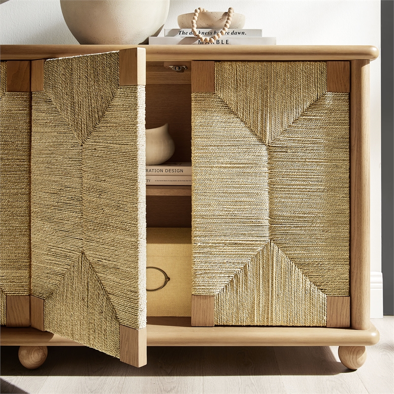 Modway Marola 71 Inch Oak Wood Sideboard With 4 Seagrass Doors