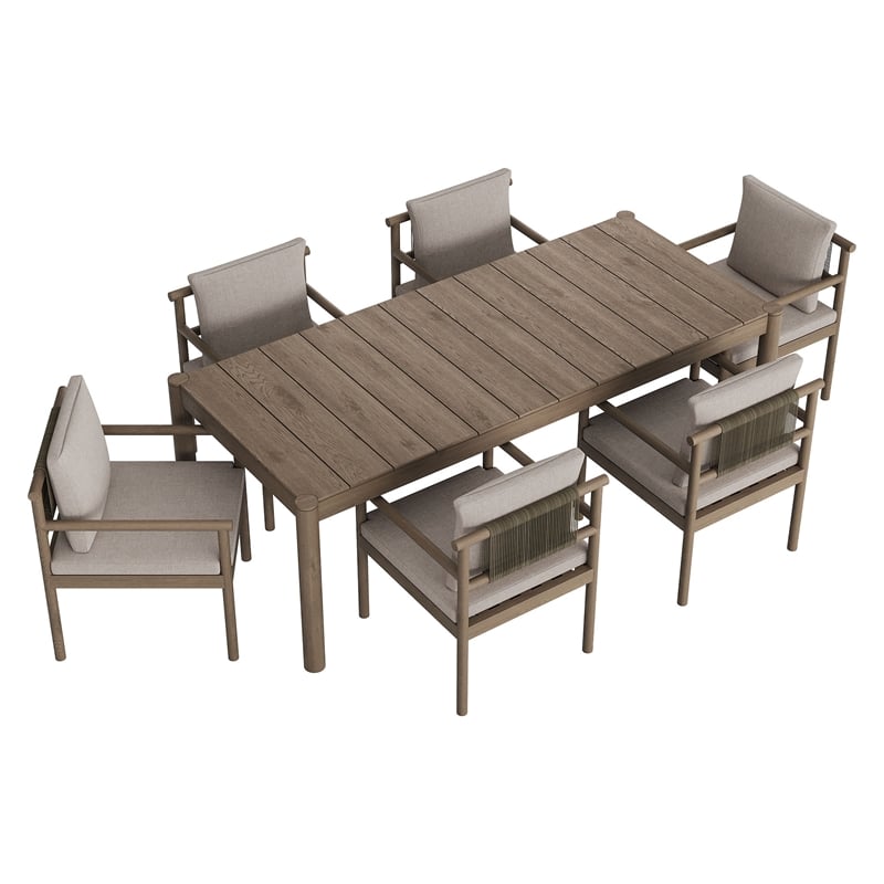 Modway Eleni 7 Piece Outdoor Patio Teak Wood Dining Set in Weathered Gray Pebble