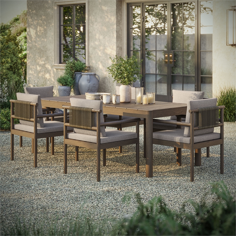 Modway Eleni 7 Piece Outdoor Patio Teak Wood Dining Set in Weathered Gray Pebble