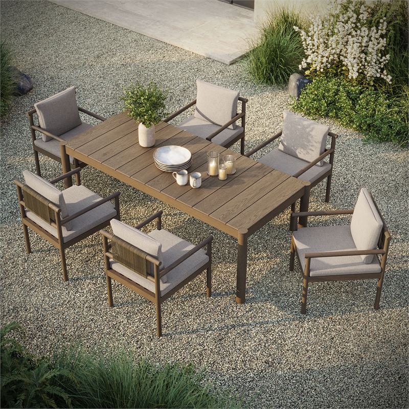 Modway Eleni 7 Piece Outdoor Patio Teak Wood Dining Set in Weathered Gray Pebble