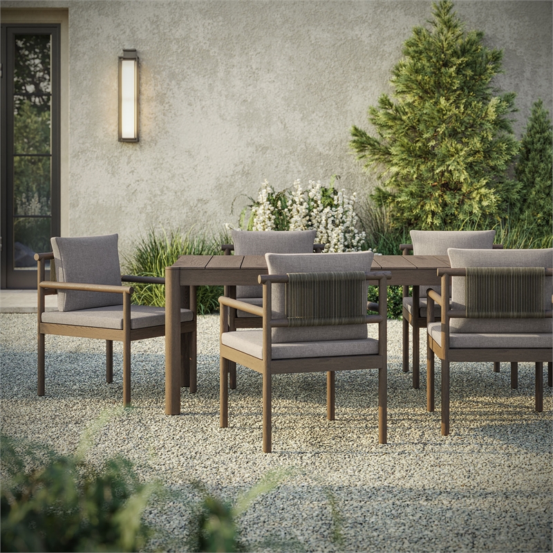 Modway Eleni 7 Piece Outdoor Patio Teak Wood Dining Set in Weathered Gray Pebble