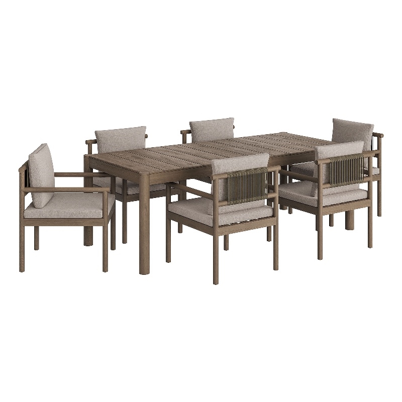 Modway Eleni 7 Piece Outdoor Patio Teak Wood Dining Set in Weathered Gray Pebble
