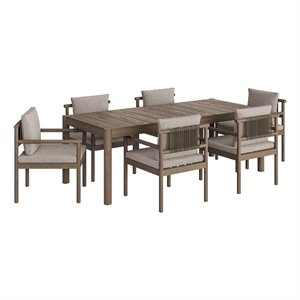 Modway Eleni 7 Piece Outdoor Patio Teak Wood Dining Set in Weathered Gray Pebble