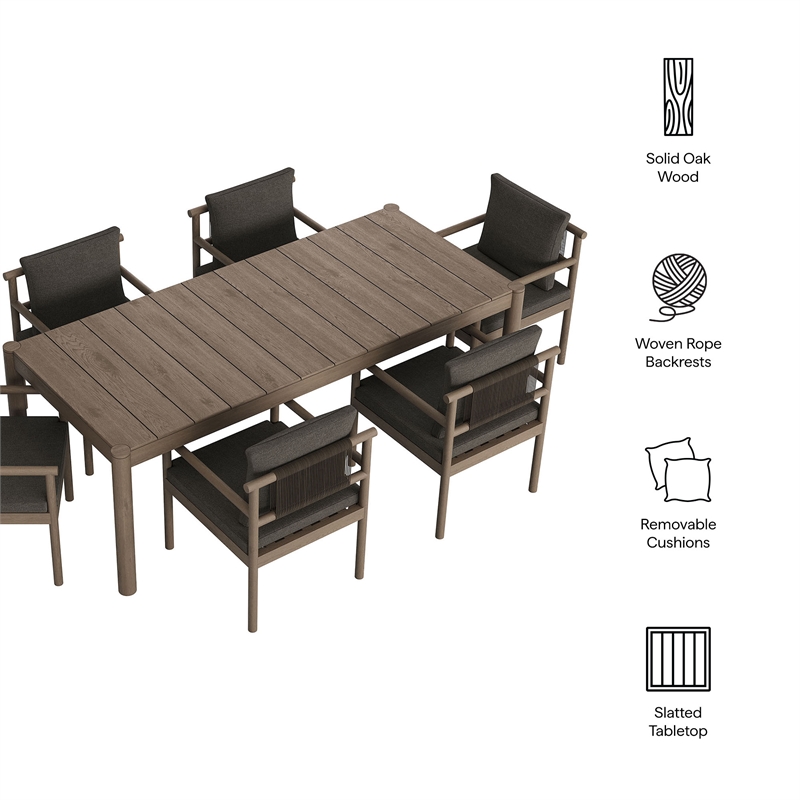 Modway Eleni 7 Piece Outdoor Patio Teak Wood Dining Set in Weathered Gray Flint
