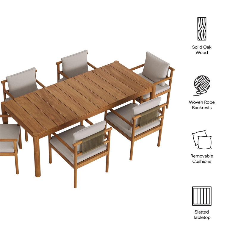 Modway Eleni 7 Piece Outdoor Patio Teak Wood Dining Set in Natural Sail