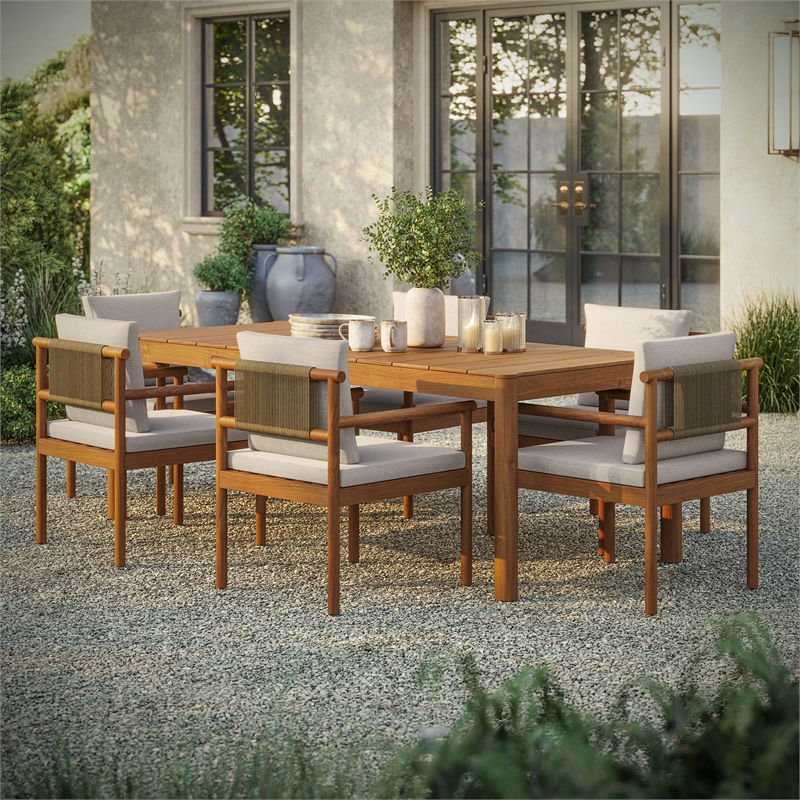 Modway Eleni 7 Piece Outdoor Patio Teak Wood Dining Set in Natural Sail