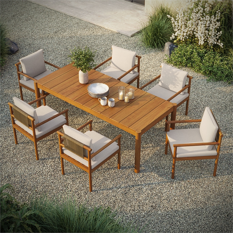 Modway Eleni 7 Piece Outdoor Patio Teak Wood Dining Set in Natural Sail