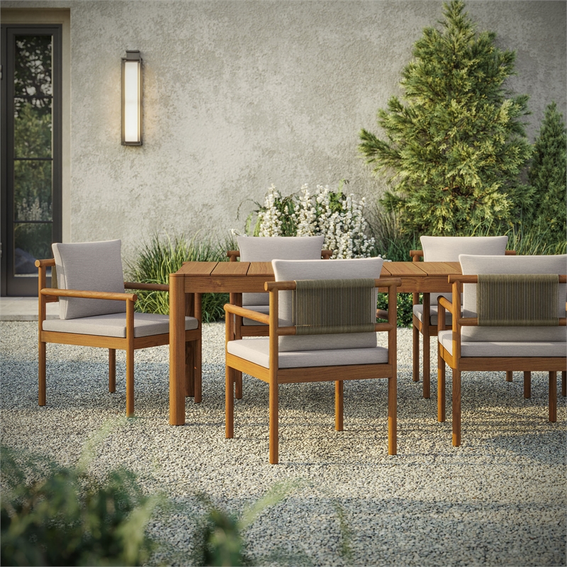 Modway Eleni 7 Piece Outdoor Patio Teak Wood Dining Set in Natural Sail